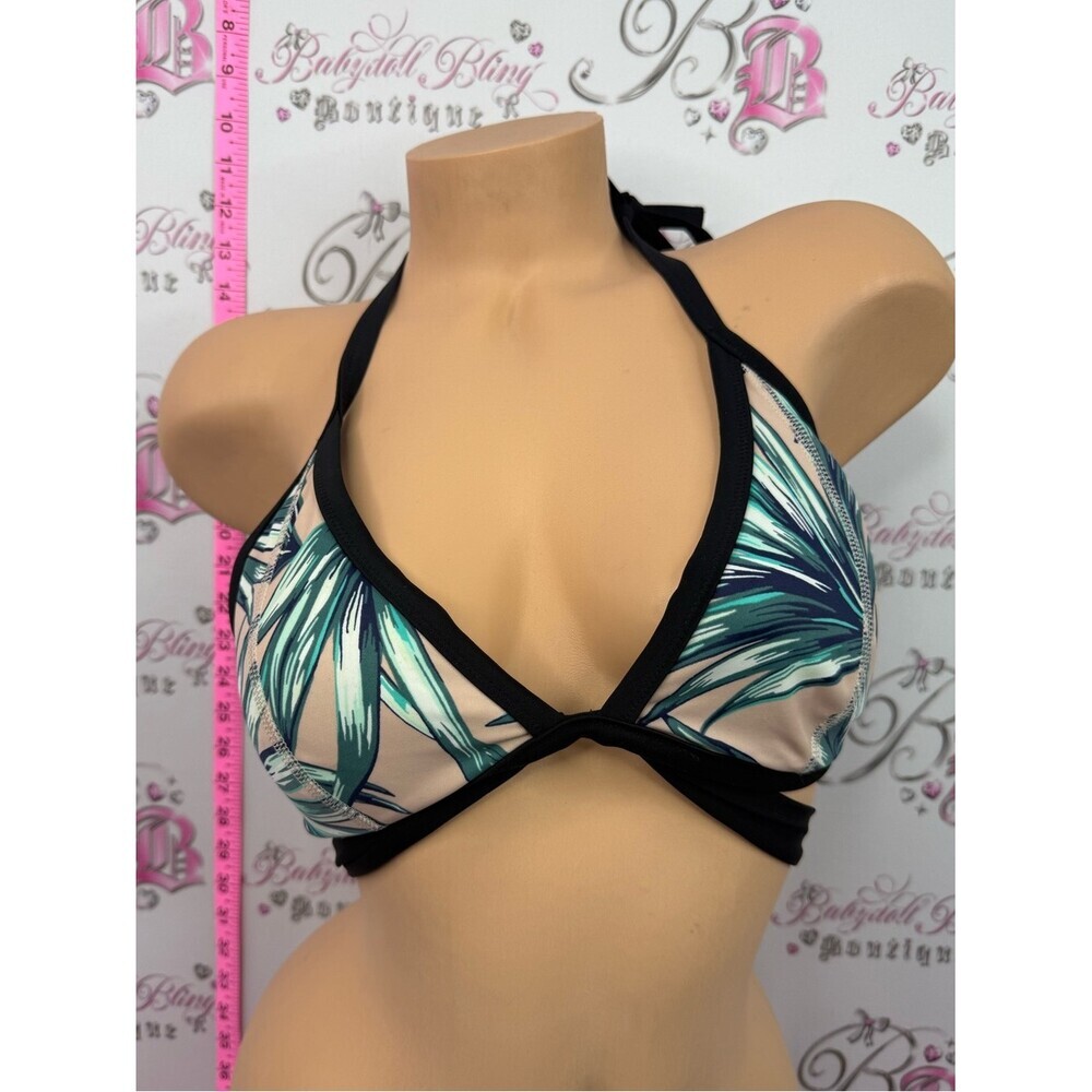 PINK Victoria's Secret Palm-Print Halter Bikini Top in Black and Green
